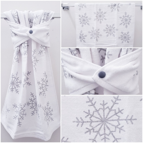 💟💖#0978-B ●NEW! Gray Snowflakes on White bkground Hang'N'Snap Towel+GRAY SNAP - Picture 8 of 8